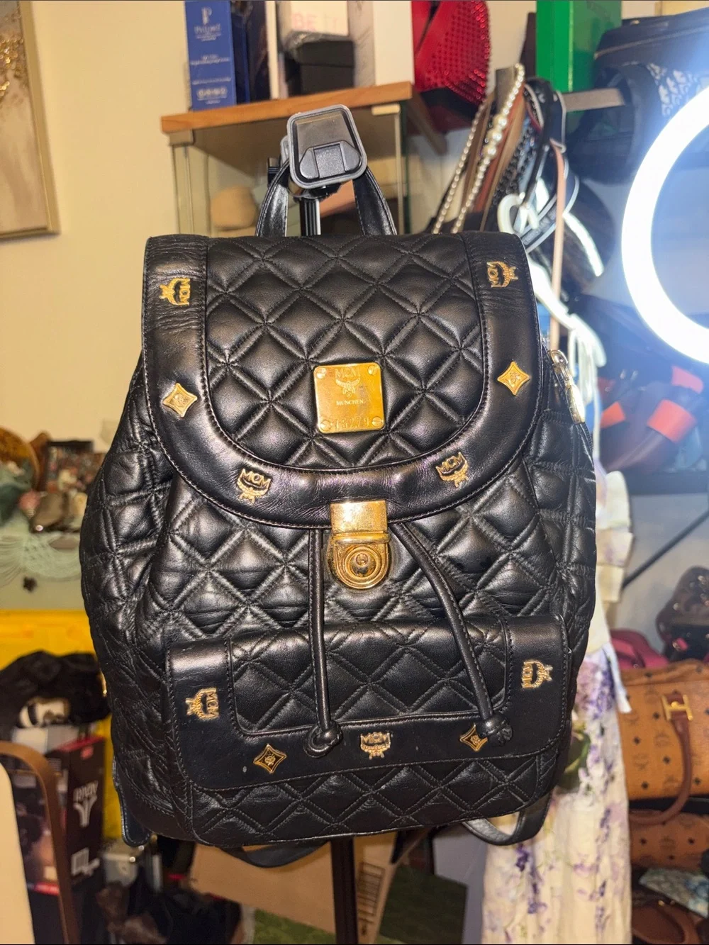 MCM Black Quilted Leather Backpack with Gold Accents